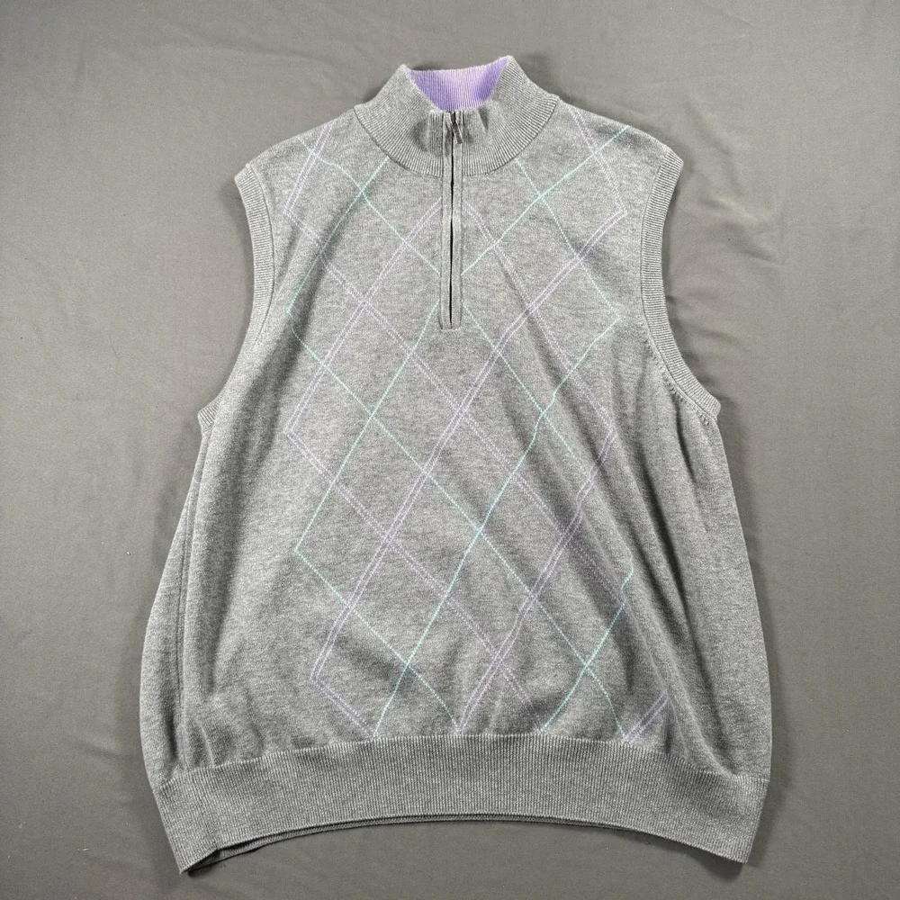 Bobby Jones Sweater Vest Mens Large Gray Quarter Zip‎ Argyle Pima Cotton Golf